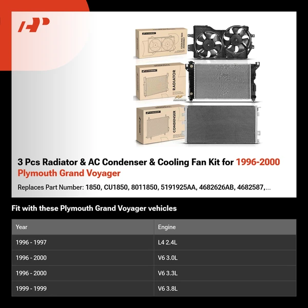 3 Pcs Radiator & AC Condenser & Cooling Fan Kit for 1996-2000 Plymouth Grand Voyager