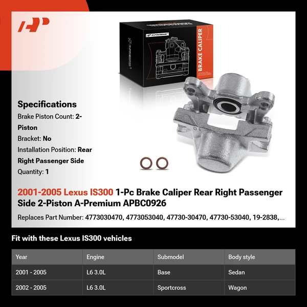 2001-2005 Lexus IS300 1-Pc Brake Caliper Rear Right Passenger Side 2-Piston A-Premium APBC0926