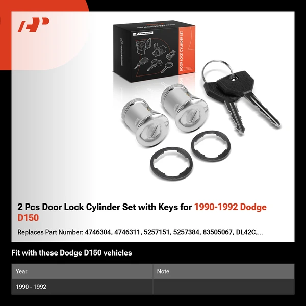 2 Pcs Door Lock Cylinder Set with Keys for 1990-1992 Dodge D150