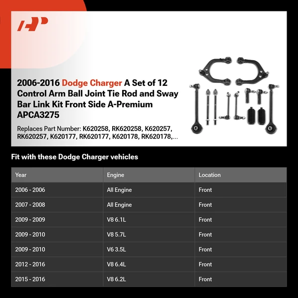 2006-2016 Dodge Charger A Set of 12 Control Arm Ball Joint Tie Rod and Sway Bar Link Kit Front Side A-Premium APCA3275