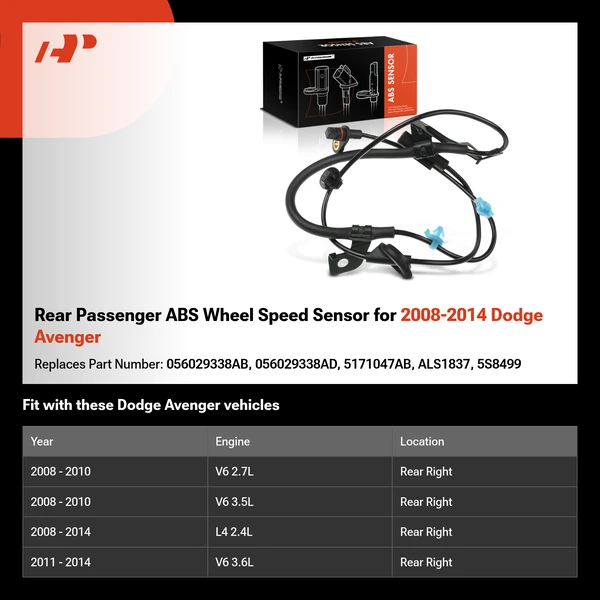 Rear Passenger ABS Wheel Speed Sensor for 2008-2014 Dodge Avenger