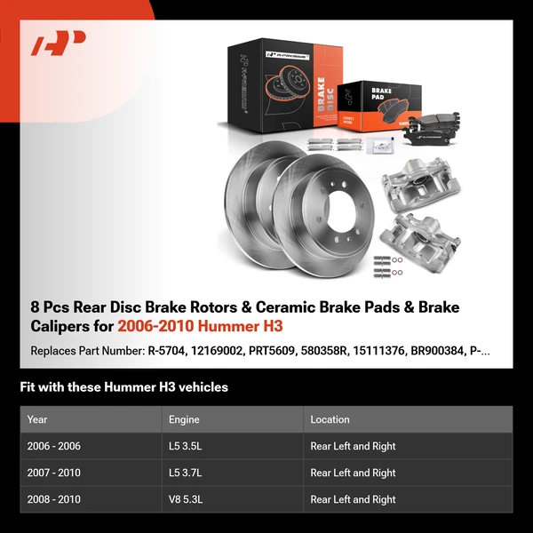 8 Pcs Rear Disc Brake Rotors & Ceramic Brake Pads & Brake Calipers for 2006-2010 Hummer H3