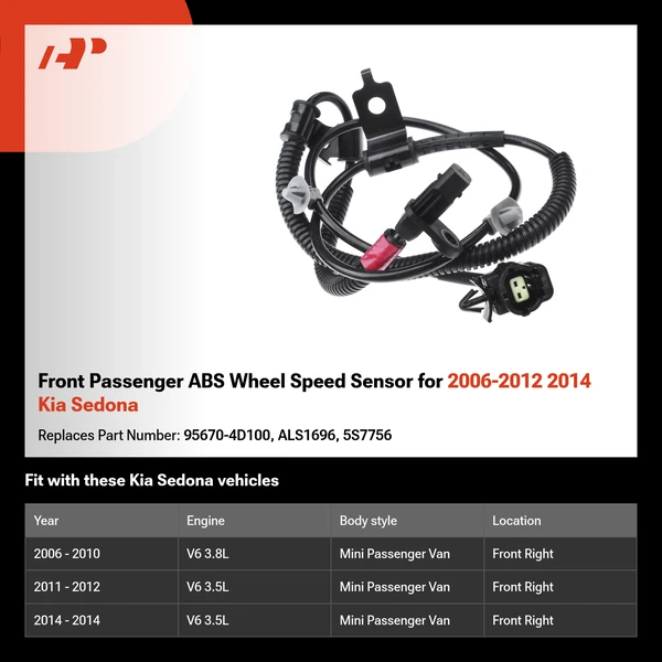 Front Passenger ABS Wheel Speed Sensor for 2006-2012 2014 Kia Sedona