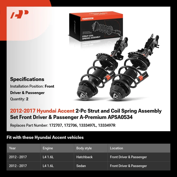 2012-2017 Hyundai Accent 2-Pc Strut and Coil Spring Assembly Set Front Driver & Passenger A-Premium APSA0534