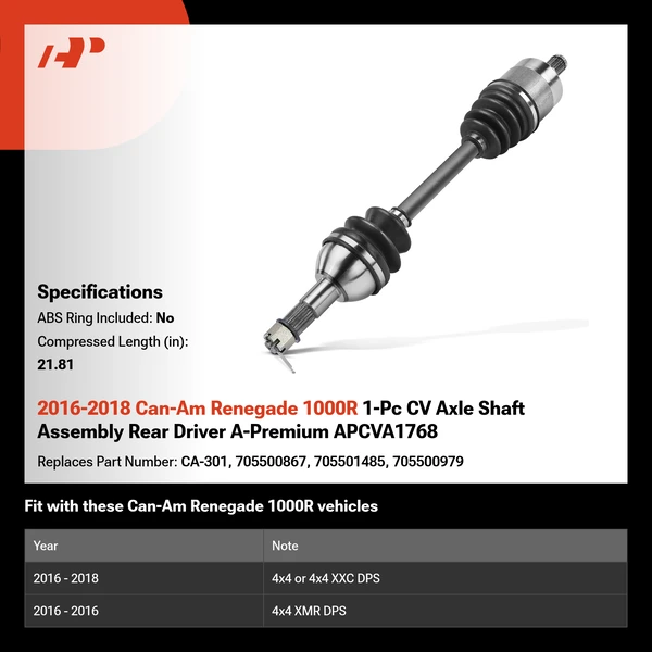 2016-2018 Can-Am Renegade 1000R 1-Pc CV Axle Shaft Assembly Rear Driver A-Premium APCVA1768