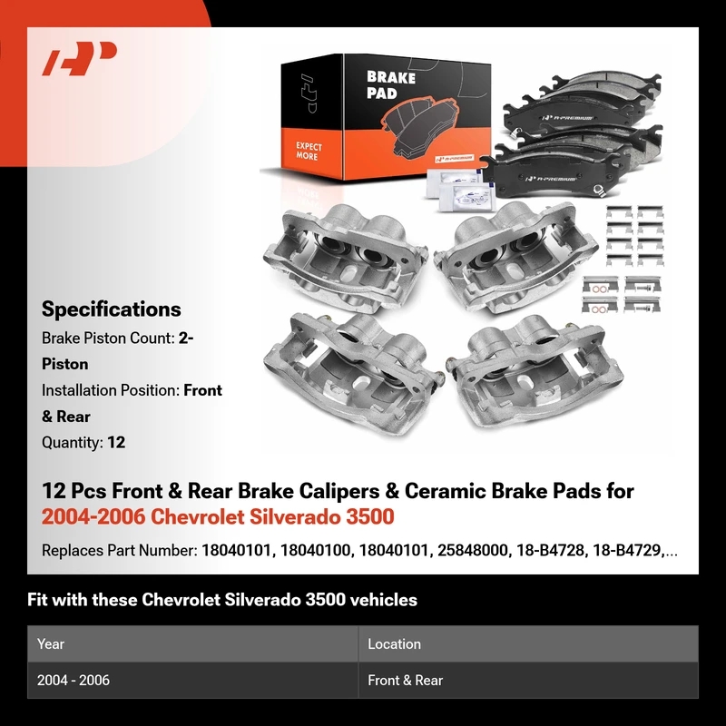 12 Pcs Front & Rear Brake Calipers & Ceramic Brake Pads for 2004-2006 Chevrolet Silverado 3500