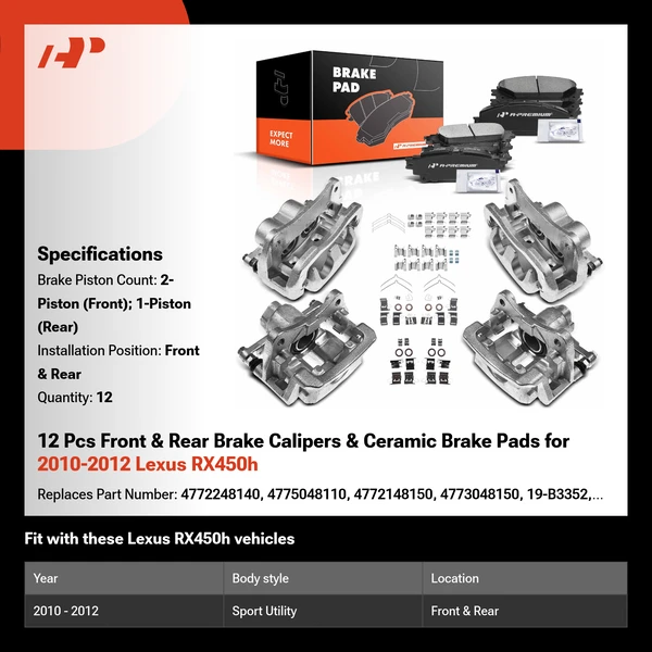 12 Pcs Front & Rear Brake Calipers & Ceramic Brake Pads for 2010-2012 Lexus RX450h