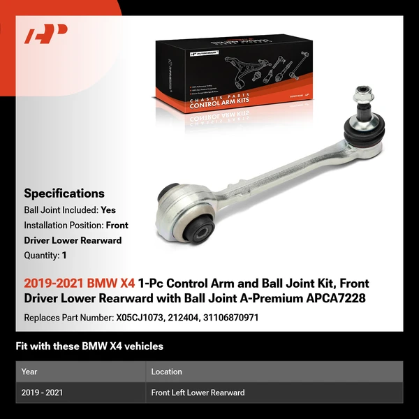 2019-2021 BMW X4 1-Pc Control Arm and Ball Joint Kit, Front Driver Lower Rearward with Ball Joint A-Premium APCA7228