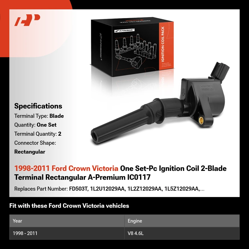 1998-2011 Ford Crown Victoria One Set-Pc Ignition Coil 2-Blade Terminal Rectangular A-Premium IC0117