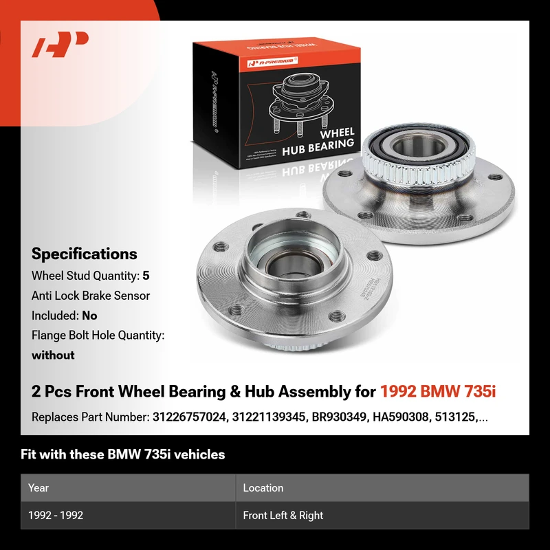 2 Pcs Front Wheel Bearing & Hub Assembly for 1992 BMW 735i