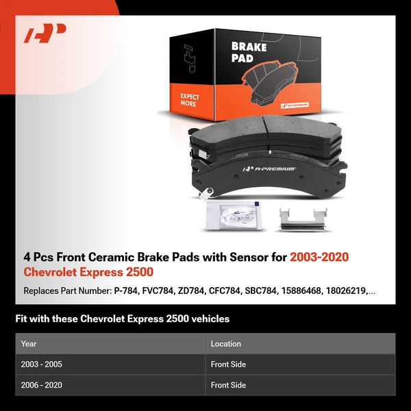 4 Pcs Front Ceramic Brake Pads with Sensor for 2003-2020 Chevrolet Express 2500