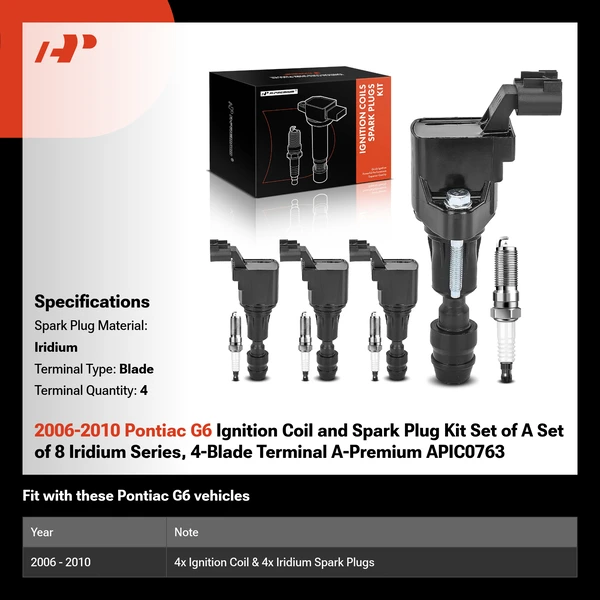 2006-2010 Pontiac G6 Ignition Coil and Spark Plug Kit Set of A Set of 8 Iridium Series, 4-Blade Terminal A-Premium APIC0763