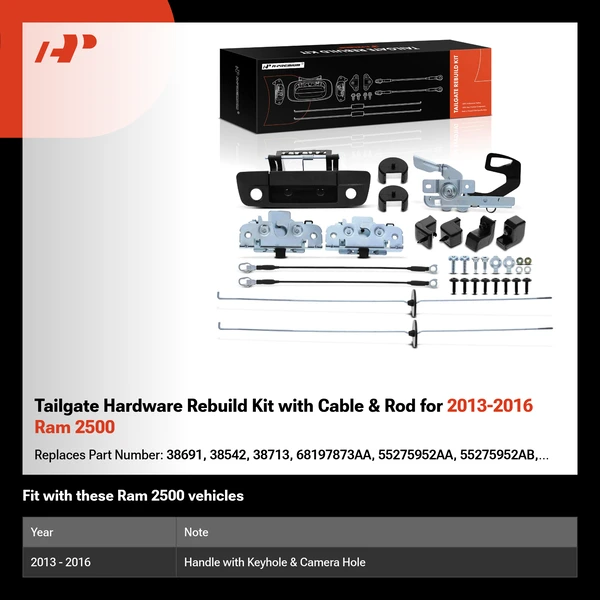 Tailgate Hardware Rebuild Kit with Cable & Rod for 2013-2016 Ram 2500
