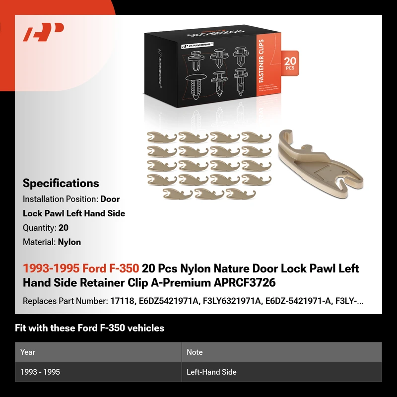 1993-1995 Ford F-350 20 Pcs Nylon Nature Door Lock Pawl Left Hand Side Retainer Clip A-Premium APRCF3726