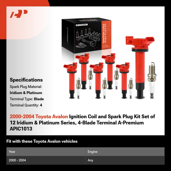 2000-2004 Toyota Avalon Ignition Coil and Spark Plug Kit Set of 12 Iridium & Platinum Series, 4-Blade Terminal A-Premium APIC1013