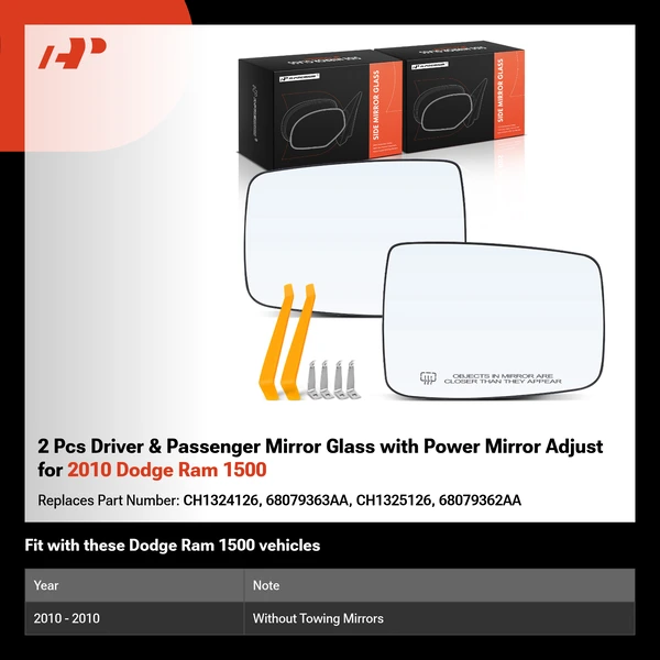 2 Pcs Driver & Passenger Mirror Glass with Power Mirror Adjust for 2010 Dodge Ram 1500