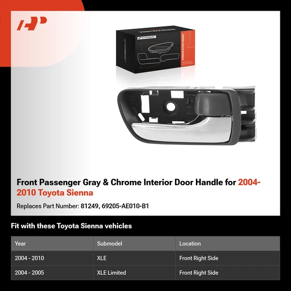 Front Passenger Gray & Chrome Interior Door Handle for 2004-2010 Toyota Sienna