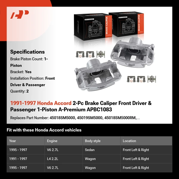 1991-1997 Honda Accord 2-Pc Brake Caliper Front Driver & Passenger 1-Piston A-Premium APBC1083