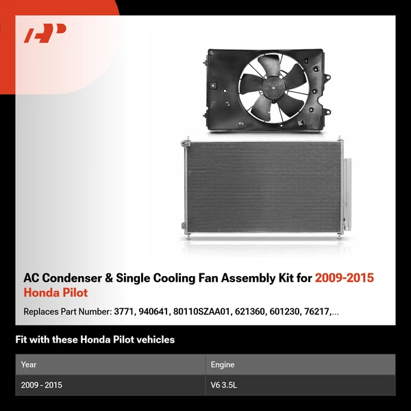 AC Condenser & Single Cooling Fan Assembly Kit for 2009-2015 Honda Pilot