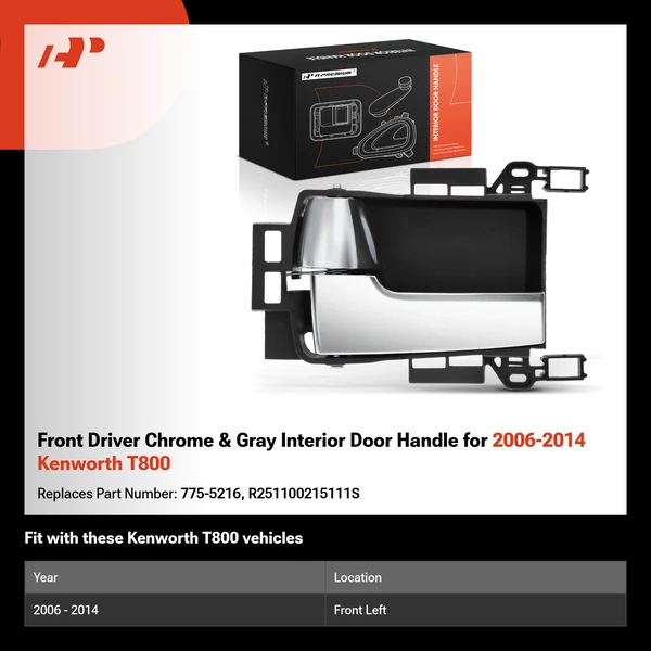 Front Driver Chrome & Gray Interior Door Handle for 2006-2014 Kenworth T800