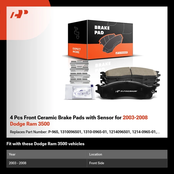 4 Pcs Front Ceramic Brake Pads with Sensor for 2003-2008 Dodge Ram 3500
