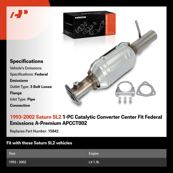 1993-2002 Saturn SL2 1-PC Catalytic Converter Center Fit Federal Emissions A-Premium APCCT002