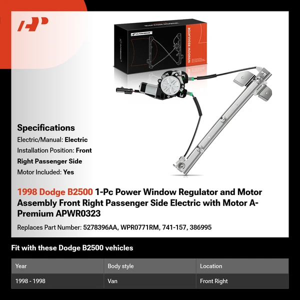 1998 Dodge B2500 1-Pc Power Window Regulator and Motor Assembly Front Right Passenger Side Electric with Motor A-Premium APWR0323
