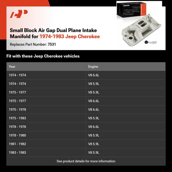 Small Block Air Gap Dual Plane Intake Manifold for 1974-1983 Jeep Cherokee