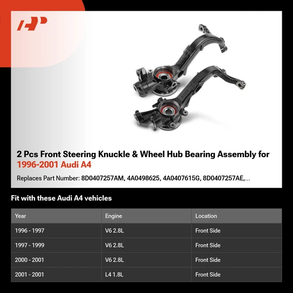 2 Pcs Front Steering Knuckle & Wheel Hub Bearing Assembly for 1996-2001 Audi A4