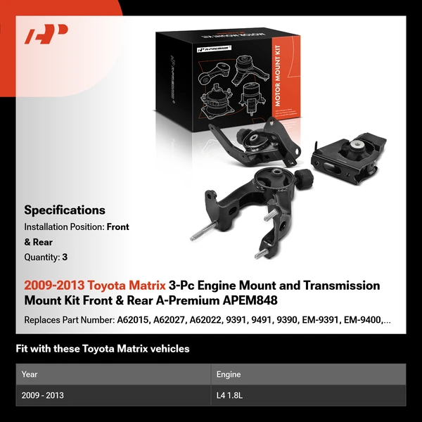 2009-2013 Toyota Matrix 3-Pc Engine Mount and Transmission Mount Kit Front & Rear A-Premium APEM848
