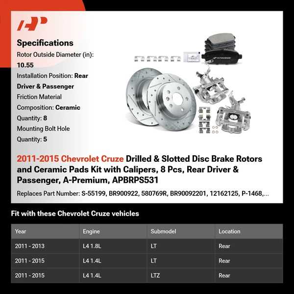 2011-2015 Chevrolet Cruze Drilled & Slotted Disc Brake Rotors and Ceramic Pads Kit with Calipers, 8 Pcs, Rear Driver & Passenger, A-Premium, APBRPS531