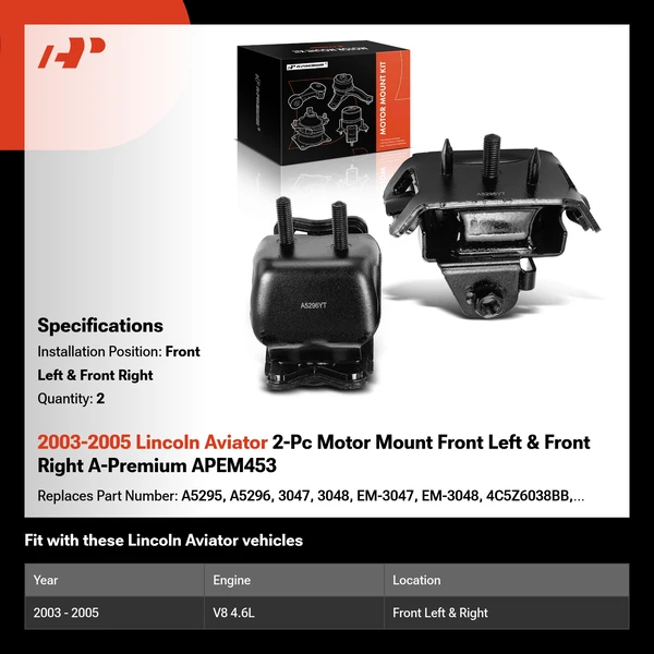 2003-2005 Lincoln Aviator 2-Pc Motor Mount Front Left & Front Right A-Premium APEM453