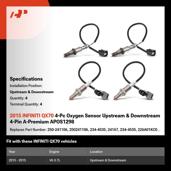 2015 INFINITI QX70 4-Pc Oxygen Sensor Upstream & Downstream 4-Pin A-Premium APOS1298