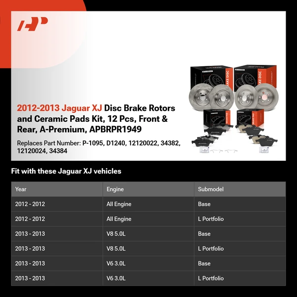 2012-2013 Jaguar XJ Disc Brake Rotors and Ceramic Pads Kit, 12 Pcs, Front & Rear, A-Premium, APBRPR1949