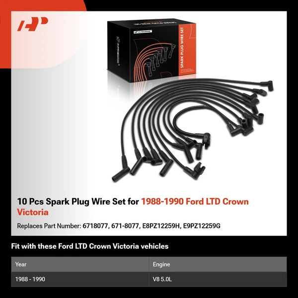 10 Pcs Spark Plug Wire Set for 1988-1990 Ford LTD Crown Victoria