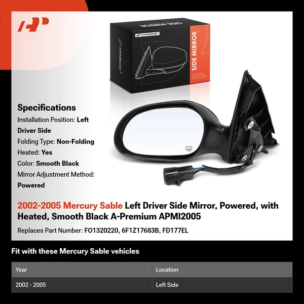 2002-2005 Mercury Sable Left Driver Side Mirror, Powered, with Heated, Smooth Black A-Premium APMI2005