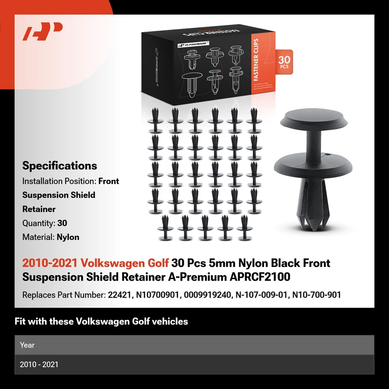 2010-2021 Volkswagen Golf 30 Pcs 5mm Nylon Black Front Suspension Shield Retainer A-Premium APRCF2100