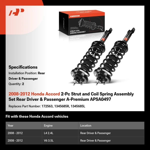 2008-2012 Honda Accord 2-Pc Strut and Coil Spring Assembly Set Rear Driver & Passenger A-Premium APSA0497