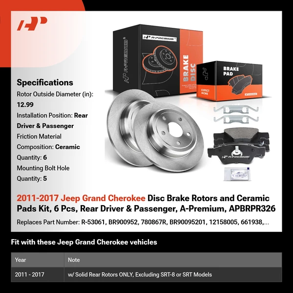 2011-2017 Jeep Grand Cherokee Disc Brake Rotors and Ceramic Pads Kit, 6 Pcs, Rear Driver & Passenger, A-Premium, APBRPR326