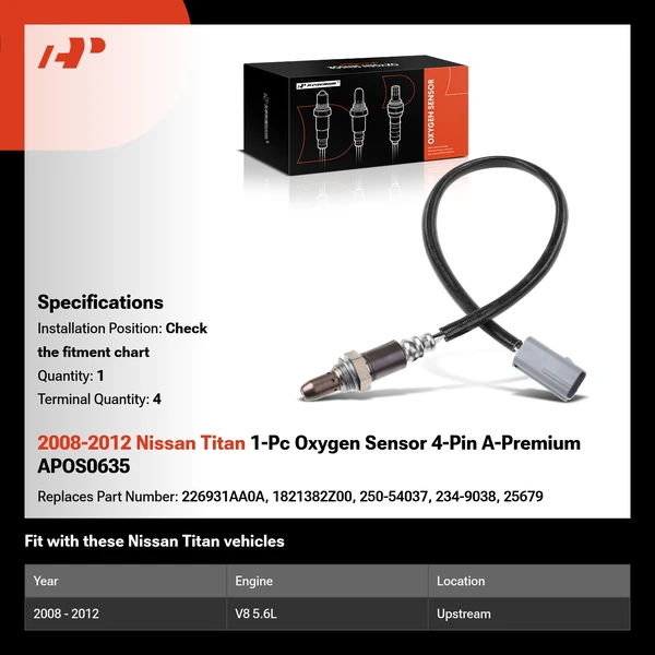 2008-2012 Nissan Titan 1-Pc Oxygen Sensor 4-Pin A-Premium APOS0635