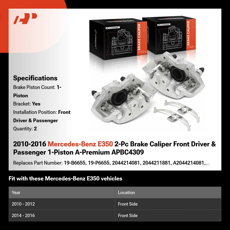2010-2016 Mercedes-Benz E350 2-Pc Brake Caliper Front Driver & Passenger 1-Piston A-Premium APBC4309