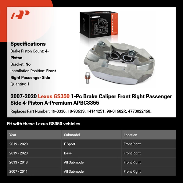 2007-2020 Lexus GS350 1-Pc Brake Caliper Front Right Passenger Side 4-Piston A-Premium APBC3355