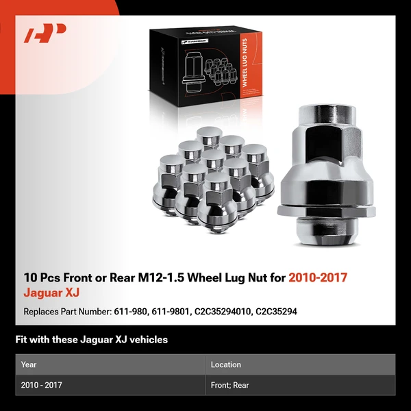 10 Pcs Front or Rear M12-1.5 Wheel Lug Nut for 2010-2017 Jaguar XJ