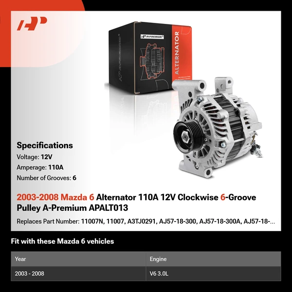 2003-2008 Mazda 6 Alternator 110A 12V Clockwise 6-Groove Pulley A-Premium APALT013