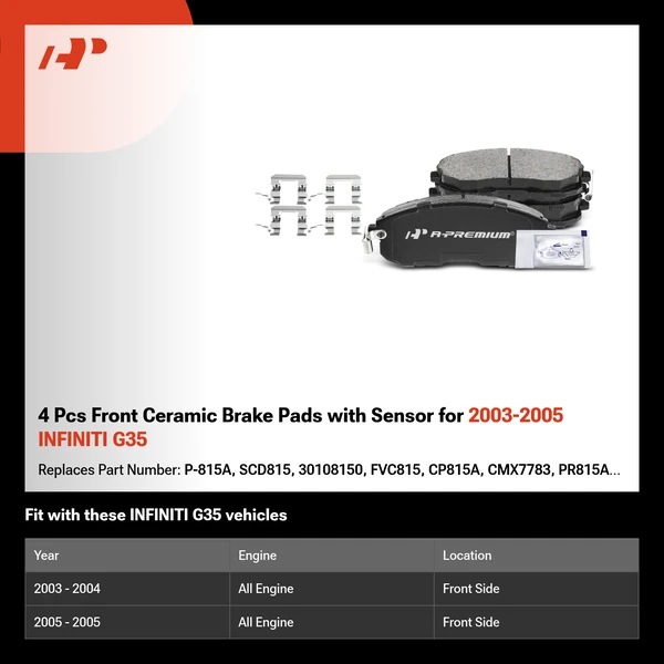 4 Pcs Front Ceramic Brake Pads with Sensor for 2003-2005 INFINITI G35