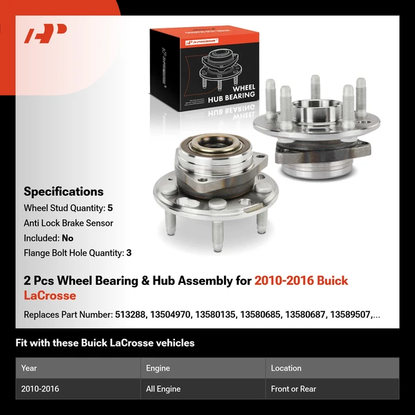 2 Pcs Wheel Bearing & Hub Assembly for 2010-2016 Buick LaCrosse