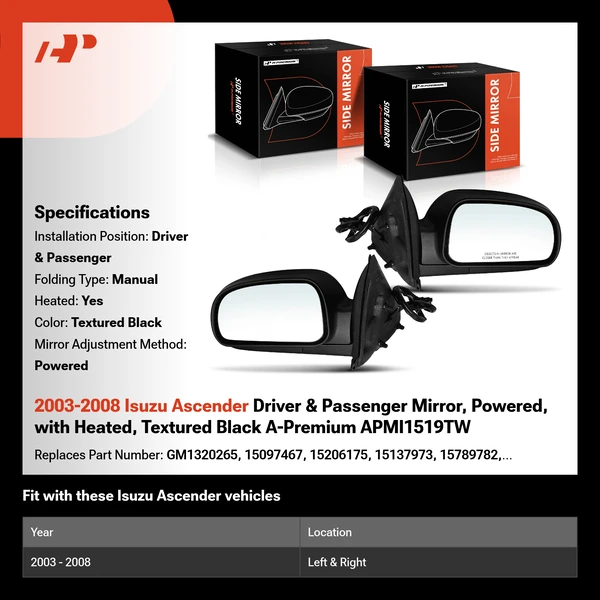 2003-2008 Isuzu Ascender Driver & Passenger Mirror, Powered, with Heated, Textured Black A-Premium APMI1519TW