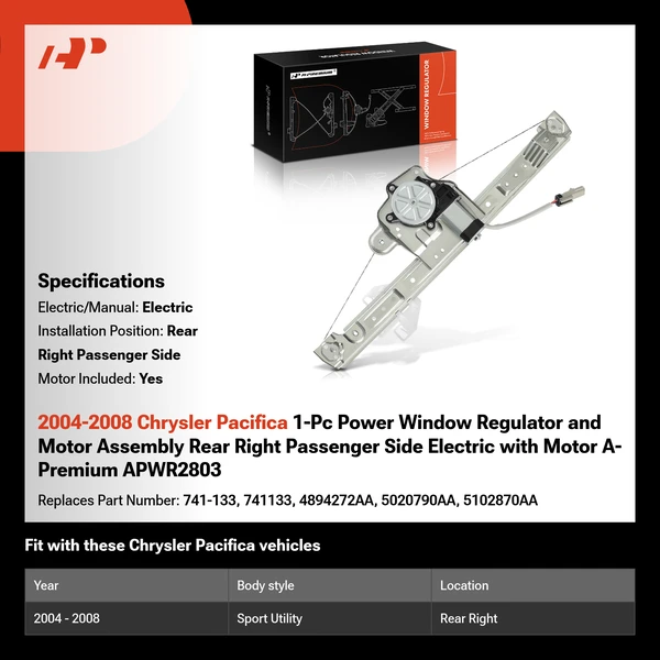 2004-2008 Chrysler Pacifica 1-Pc Power Window Regulator and Motor Assembly Rear Right Passenger Side Electric with Motor A-Premium APWR2803