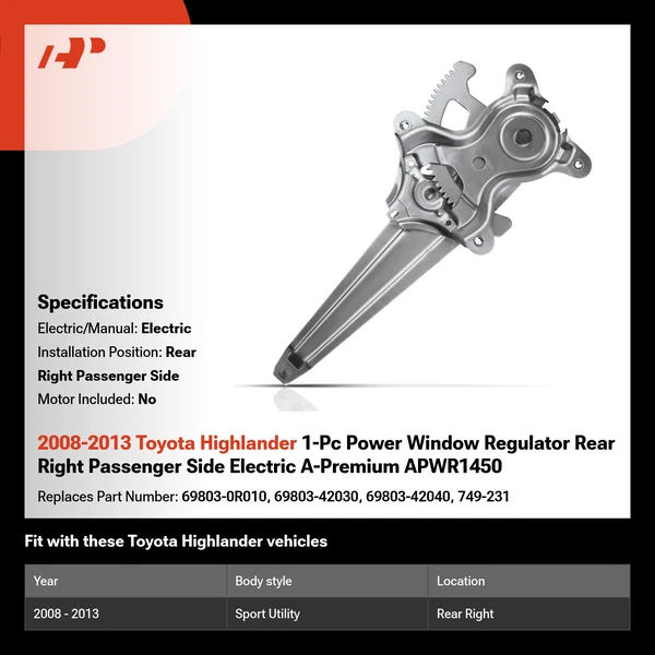 2008-2013 Toyota Highlander 1-Pc Power Window Regulator Rear Right Passenger Side Electric A-Premium APWR1450