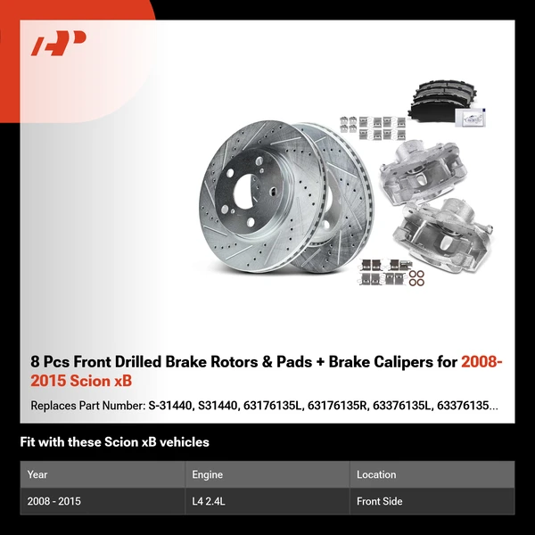 8 Pcs Front Drilled Brake Rotors & Pads + Brake Calipers for 2008-2015 Scion xB